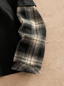 HIMLAND Men's Patchwork Plaid 2 In 1 Crew Neck Long Sleeve T-Shirt - Black - View 4