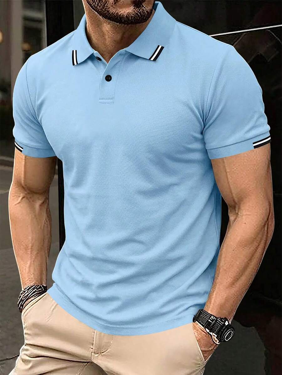 Manfinity Homme 男士條紋短袖極簡商務休閒 Polo 衫,夏季,正式 - 淺藍色 - 查看 1
