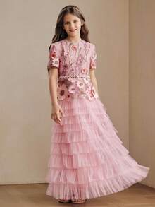 Anewsta Girls' Elegant Playful Cute Princess Dress, Birthday Party Banquet Vine 3D Embroidered Round Neck Short Sleeve Waist-Cinching A-Line Puff Cake Long Dress - Baby Pink - View 5