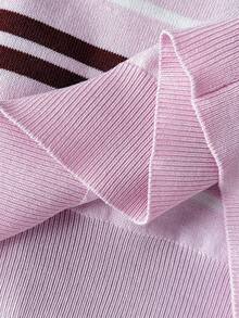 SHEIN 青少年女孩秋冬時尚休閒條紋 Polo 毛衣 - 粉色 - 查看 8