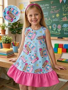 Emery Rose Kids Emery Rose Kids 女童可愛卡通鉛筆圖案印花圓領洋裝 返校季 - 粉色 - 查看 3
