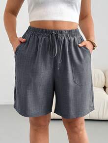 SHEIN Essnce Plus Size Solid Color Minimalist Casual Versatile Drawstring Waist Pocket Shorts Formal Dark Green Summer - Dark Grey - View 2