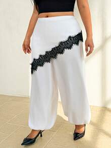 Auralis Plus Size Women's Contrast Lace 2 In 1 Elegant Pants - White - View 5