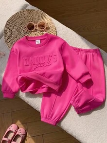 SHEIN Baby Girl Knit Solid Color Letter Pattern Crew Neck Casual Sweatshirt And Long Pants 2-Piece Set - Apricot - View 3