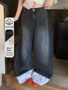 FRIFUL Celana Jeans Denim Wanita Kasual Serbaguna untuk Aktivitas Sehari-hari dengan Potongan Lebar dan Kantong - Hitam - View 11