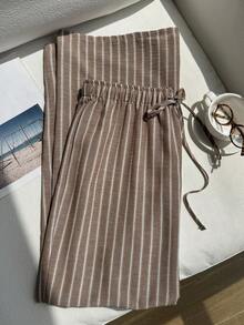 Comfortcana Plus Size Women's Waist Tie Striped Wide Leg Loose Casual Pants - Khaki - View 6