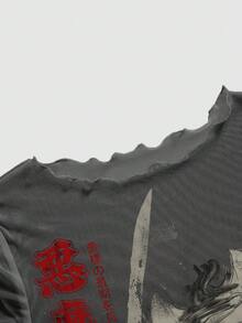 ROMWE Dark Punk Anime Character Flame Skull Short Sleeve Women's Top - Black - View 3