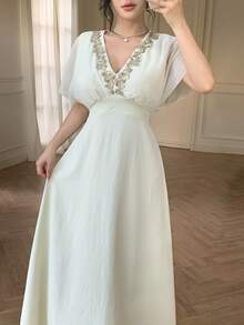 Celisse V-Neck Embroidered Lace Rhinestone Studded Elegant Romantic Long Dress For Women Wedding Dinner Cocktail Off White Summer - Apricot - View 4