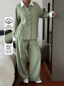 DAZY Conjunto de Roupa de Descanso Feminino com Top de Manga Longa de Abotoamento Único e Calça em Cores Contrastantes para o Outono - Verde - Visão 5