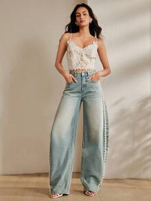 Anewsta Faux Pearl Washed Blue Vintage Crescent Moon Loose Relaxed Versatile Women's Jeans - Blue - View 4