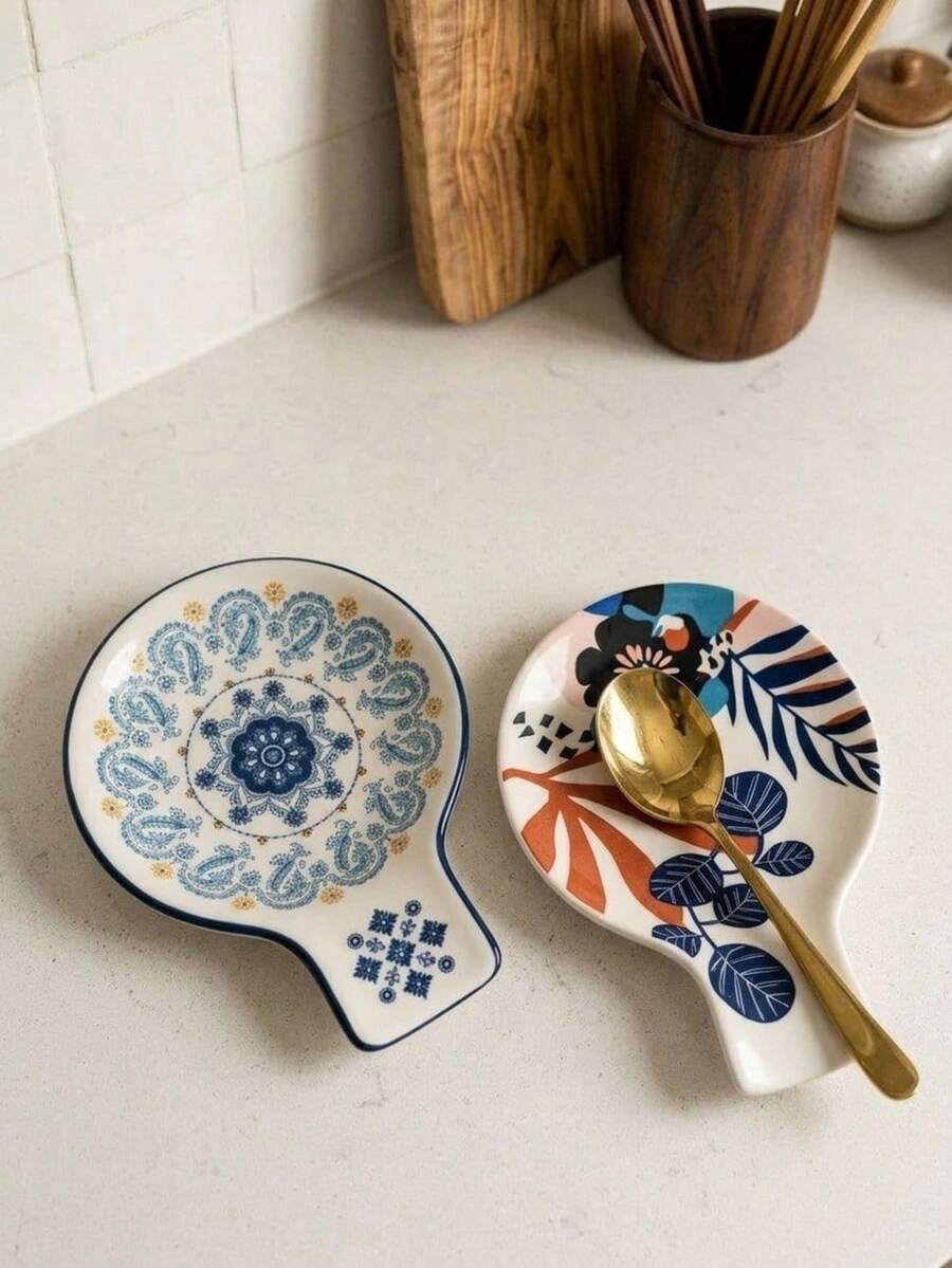 Cirelle 1pc Ceramic Spoon Rest For Kitchen Counter, Floral Mandala Porcelain Spoon Holder For Stove Top, Decorative Ladle Utensil Holder - Multicolor - View 1