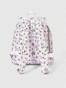 ROMWE Anime Cute College Style Star Printing Multi-Pocket Large-Capacity Backpack, With Strawberry Fish Cake Doll Pendant, Suitable For Commuting, School, Etc - Pink and black stars - View 4