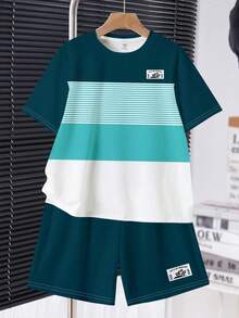 Tween Boy Casual Comfortable Fashionable Minimalist Crew Neck Short Sleeve T-Shirt And Shorts Set, Classic Cool Striped Pattern Print, Color Block Pattern Print, Exquisite Coconut Tree Small Logo Pattern Print, Suitable For Spring And Summer - Multicolor - View 2