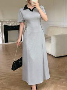 Modelyn Women Grey Ribbed Knit Midi Dress Contrast Polo Collar Side Cutout Lace Up Slim Long Dress Daily Elegant Wear - Grey - View 9