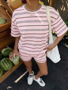 Muchica 女款夏季條紋拼色印花圓領短袖T恤與條紋短褲休閒兩件套 - 彩色 - 查看 3