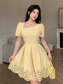 Modelyn 黃色不對稱鏤空燒花優雅性感夏季法式度假女裝洋裝 - 黃色 - 查看 6