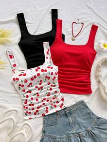 Soleia Spring/Summer New Back To School Casual Vacation Western Beach Wedding Guest Outfit Graduation Brunch Women's Wear St. Patrick's Day Spring Break Easter Music Festival Elegant Bohemian Tropical Elegant Square Neck Gathered Date Valentine's Day Knit Women's Tank Top Multipacks - Multicolor - View 4