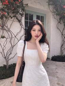SHEIN MOD Jacquard Square Neck Puff Sleeve Corset Structure Dress - White - View 2