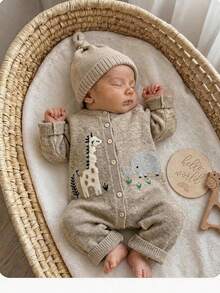 SHEIN Newborn Baby Girl Autumn/Winter Cute Cartoon Pattern Long Sleeve Sweater Romper - Khaki - View 1