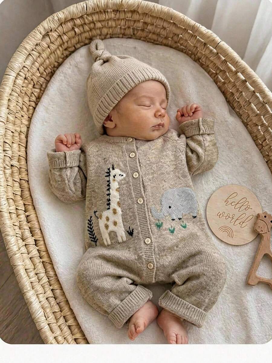 SHEIN Newborn Baby Girl Autumn/Winter Cute Cartoon Pattern Long Sleeve Sweater Romper - Khaki - View 1