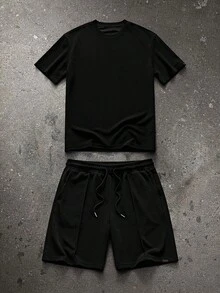 NEON BLANC 男士純色針織短袖T恤與短褲兩件套 - 黑色 - 查看 3