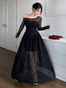 DAZY Herbst Quadratischer Ausschnitt Laternenärmel Langarm Spitze Transparenter Stoff Tailliert A-Linien Rock Schwarz Elegantes Damen Midikleid - Schwarz - Übersicht 5