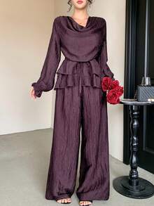 Joudiya Autumn Summer Dark Purple Ruffle Trim Shirt Straight Leg Pants Elegant Wedding Brunch Party Women 2 Pieces Set - Violet Purple - View 9