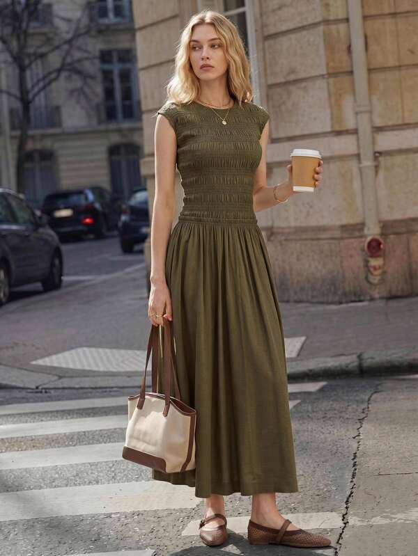 BizChic Round Neck Long Dress, Vintage French Elegant Business Formal Vacation Slouchy Date Daily Holiday Halloween Back To School Party Birthday Wedding Guest Church Special Occasion Slimming Elegant Sexy Versatile Summer Autumn Commute Office Outing Beach Gathering Social Holiday Shopping Afternoon Tea Travel Luxury Minimalist