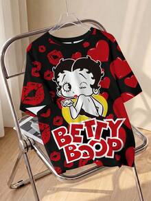 Betty Boop x SHEIN 大尺碼女款唇印短袖T恤 - 白色 - 查看 3