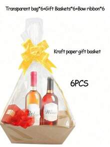 6/12 Piece Gift Basket Set, Multiple Colors Available,Christmas Hollow Gift Baskets, Including Bows, Plastic Bags, And Kraft Paper Market Tray Cardboard Baskets For DIY  Holiday Gift Wrapping, Shelf-Style Gift Baskets, Suitable For Halloween - Multicolor - View 21