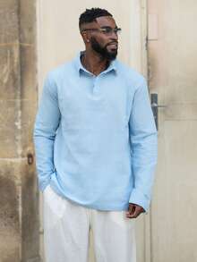 thenoahjr thenoahjr Men's Lightweight Loose Fit Linen Blend Long Sleeve Polo Shirt, Shallow Blue, Half-Zip Design, Breathable & Comfortable, Suitable For Beach & Outdoor Activities (Summer Fabric Is Thin & Slightly Sheer; European & American Sizes Run Larger!! Sleeves Are Longer, Recommend Ordering One Size Smaller!) - Baby Blue - View 6