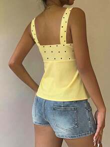 SHEIN EZwear 波希米亞復古奶油黃圓點；白色抽繩細肩帶背心；通勤、度假、海灘、夏季 - 彩色 - 查看 7