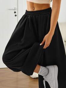 SHEIN PETITE Women's Solid Color Elastic Waist Loose Harem Pants ,Petite Women - Black - View 9