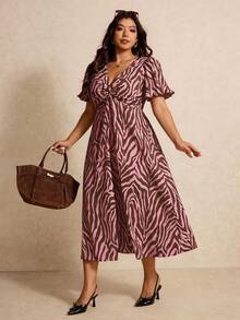 Elaquor Plus Size Women's Zebra Print V-Neck Short Sleeve Elegant Dress Vacation Pink Summer - Multicolor - View 5