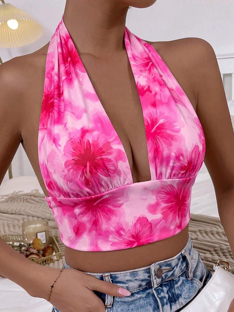 SHEIN Unity 女款花卉印花性感百搭掛脖上衣，適合約會與外出 - 粉色 - 查看 1