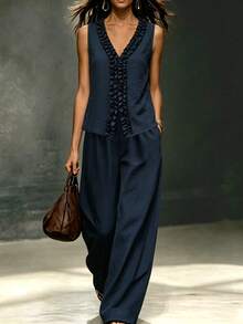 LUMIGAL V-Neck Frill Trim Camisole Pants 2 Pieces Set For Women, Summer Vacation Navy Blue Tropical Casual Elegant Vacation - Navy Blue - View 3