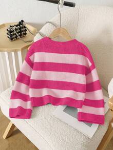 SHEIN Suéter corto a rayas de colores contrastantes para niña - Rosa Fucsia - Ver 2