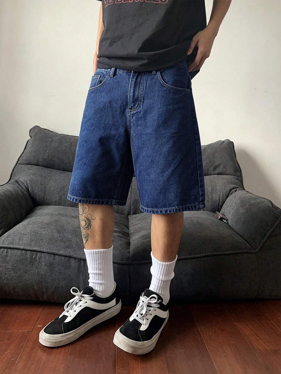 Manfinity Hypemode Plus Size Men's Casual Loose Fit Denim Wide Leg Shorts With Pockets - Medium Wash - View 1