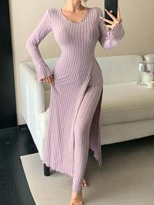 DAZY 女款純色高開衩長版上衣與緊身褲家居服套裝 - 灰色 - 查看 10