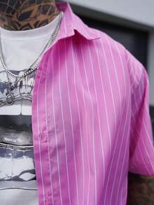 Artur Kramer Men's Casual Loose Striped Short Sleeve Shirt, Spring To Summer - Watermelon Pink - View 2