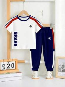 Baby Boys Loose Casual Sports Short Sleeve T-Shirt And Pants 2-Piece Set, Comfortable For Spring/Summer, Classic Gentleman Striped Pattern Print, Exquisite Knight Small Logo Print, Back To School Outfit - Multicolor - View 3