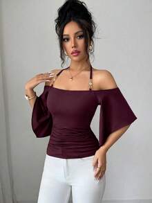 SHEIN Elenzya 女款純色細肩帶背心T恤，掛脖短袖簡約優雅修身抓褶上衣，春夏新品，適合日常通勤、音樂節、晚餐、派對、度假，復古百搭風格 - 紫色 - 查看 4
