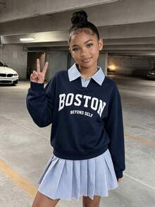 2件組青少年女孩返校季美式大學風條紋格紋拼色字母印花襯衫 - 藏蓝色 - 查看 6
