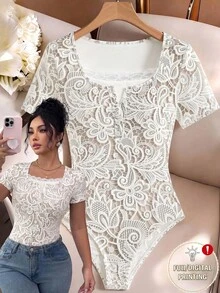 Selianne Women's Spring/Summer Casual Lace Trim 2 In 1 Design Short Sleeve Waist-Cinching Fitted Bodysuit, Suitable For Daily Wear, Photos, Travel And Commuting - Beige - View 3