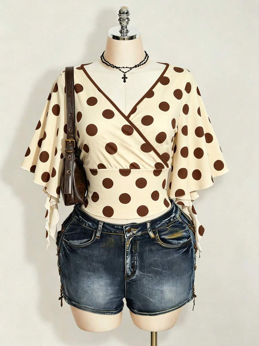 SHEIN ICON 大尺碼女款波點V領休閒百搭日常外出T恤 - 彩色 - 查看 1