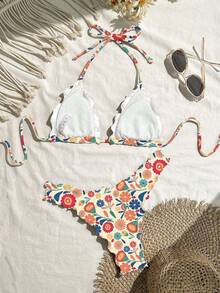 Swim Mod Conjunto de bikini sexy de unicolor con volantes de alta elasticidad para mujer para vacaciones - Multicolor - Ver 2