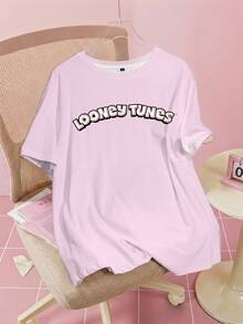 LOONEY TUNES X SHEIN 大尺碼女款字母印花圓領短袖休閒T恤 - 白色 - 查看 9