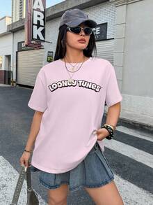 LOONEY TUNES X SHEIN 大尺碼女款字母印花圓領短袖休閒T恤 - 白色 - 查看 1