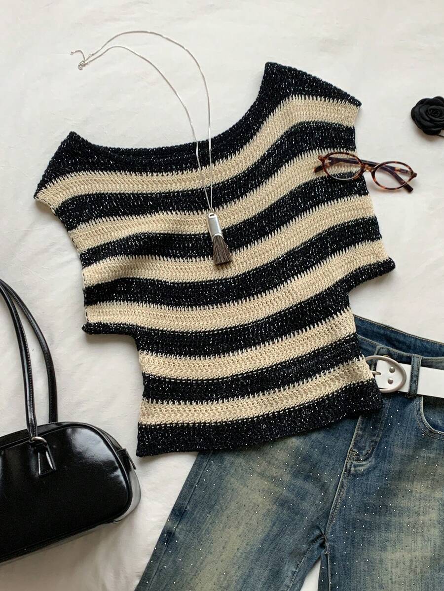 Comfortcana Top de punto a rayas de bloques de color para mujer - Blanco y Negro - Ver 1