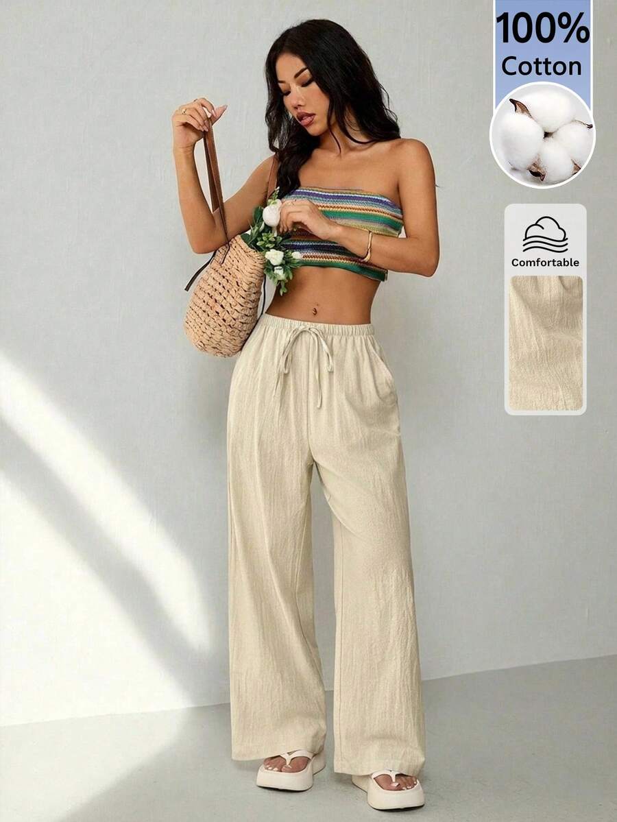 SHEIN PETITE Vacation Casual Versatile Solid Color Long Pants Vacation Beige Summer - Apricot - View 1
